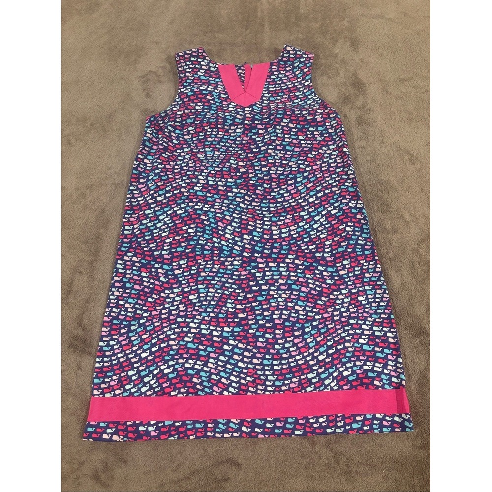 Vineyard Vines Shift Dress Navy Pink with Multicolor Whale Print Girls 16
